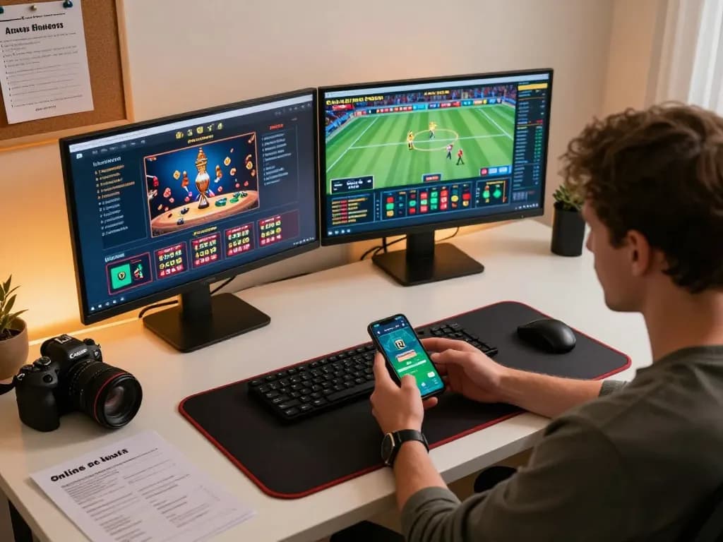 Player engaging with f168 sports betting app on smartphone, showcasing strategic home gambling setup with multiple screens.