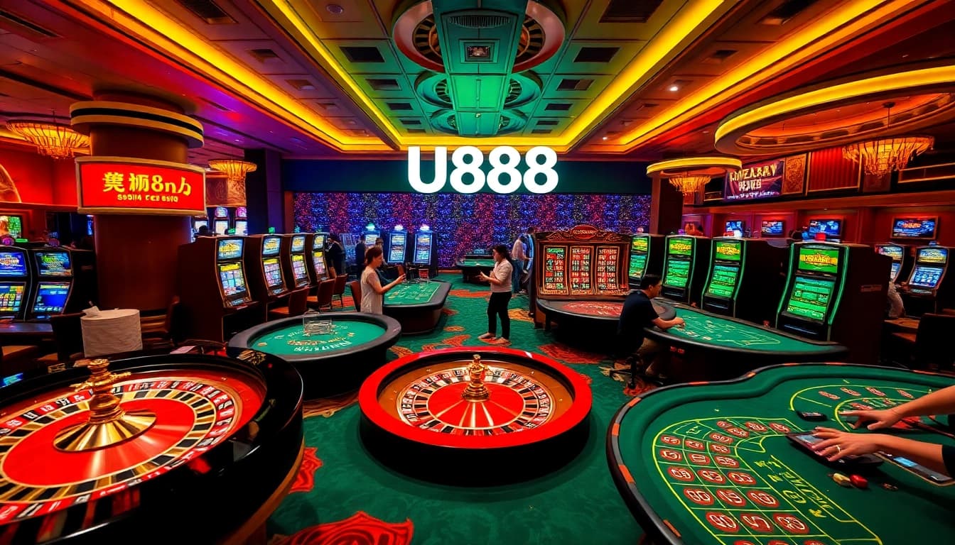 U888 casino scene with players engaging on luxurious gaming tables, showcasing excitement and luxury.