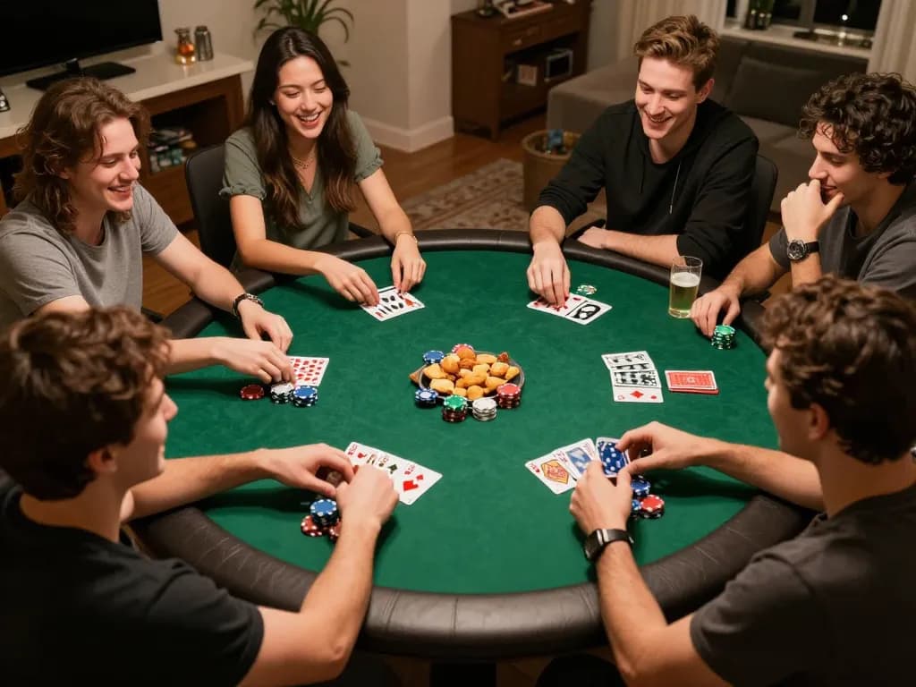Socolive enthusiasts enjoying a thrilling home poker night, with chips and cards in play creating excitement