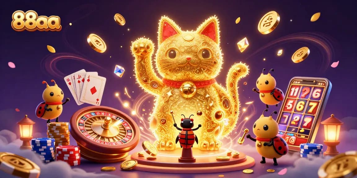 Join the exciting world of 88aa with dynamic casino symbols from a lucky cat in a vibrant 3D illustration.