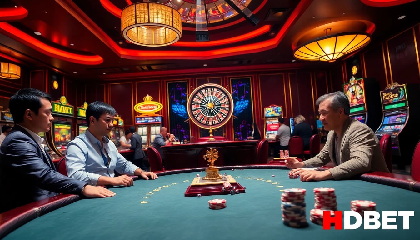 A lively casino scene with players at a poker table and HDBET-themed slot machines.