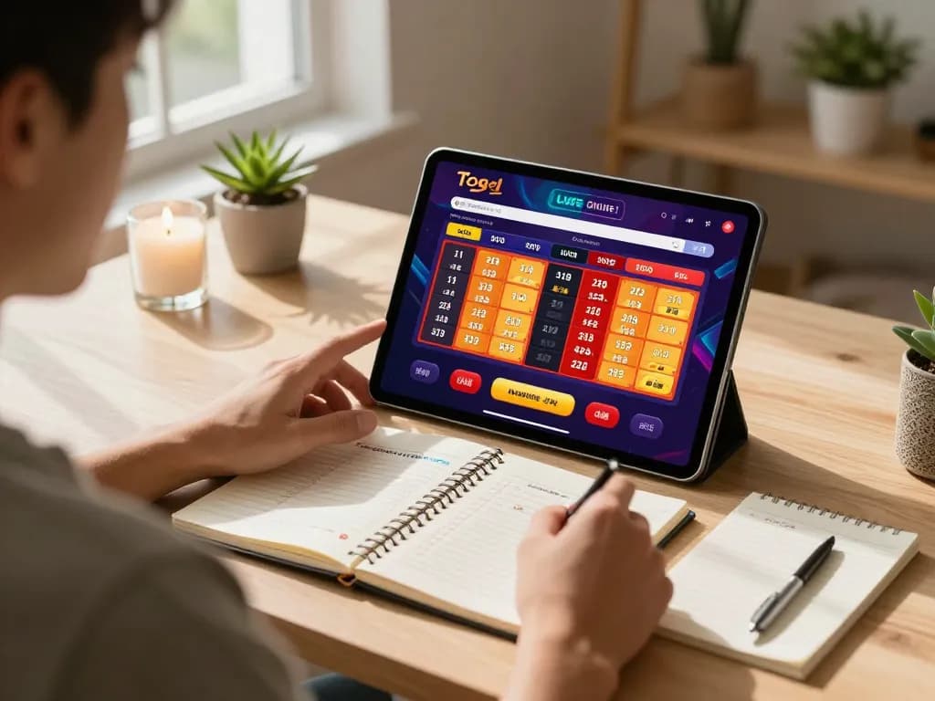 Engaging with togel online results on tablet during cozy home gaming session.