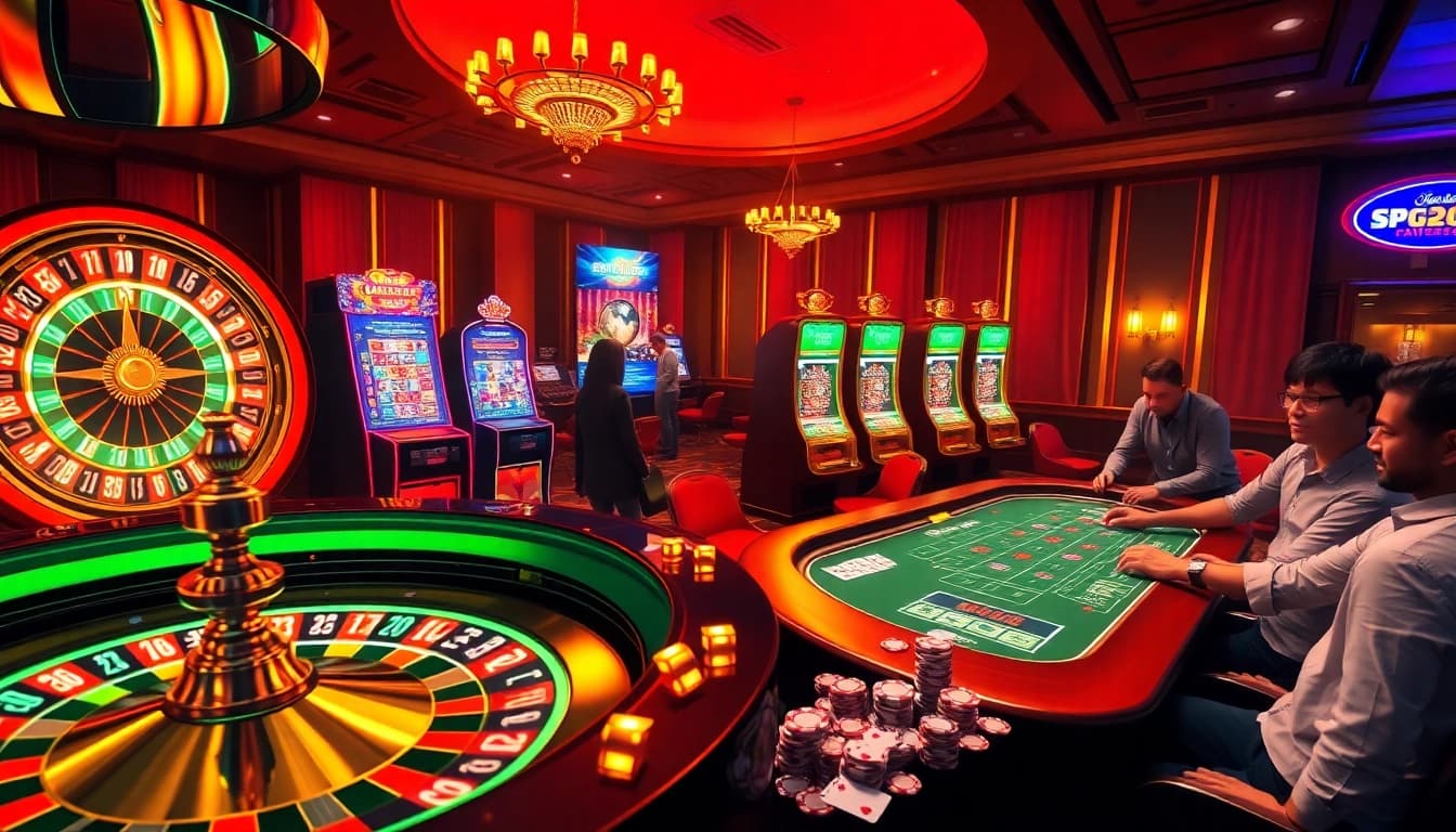 Engaging casino scene featuring digital gaming elements from https://nk88.sbs/ with vibrant roulette, slot machines, and poker action.