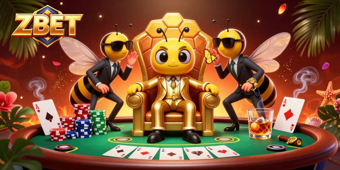 ZBET showcases winning poker strategies with a bumblebee mob boss and vibrant game elements in an engaging scene.
