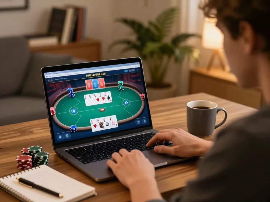 Player engaging in online poker at home, utilizing OKFUN's strategies for success.