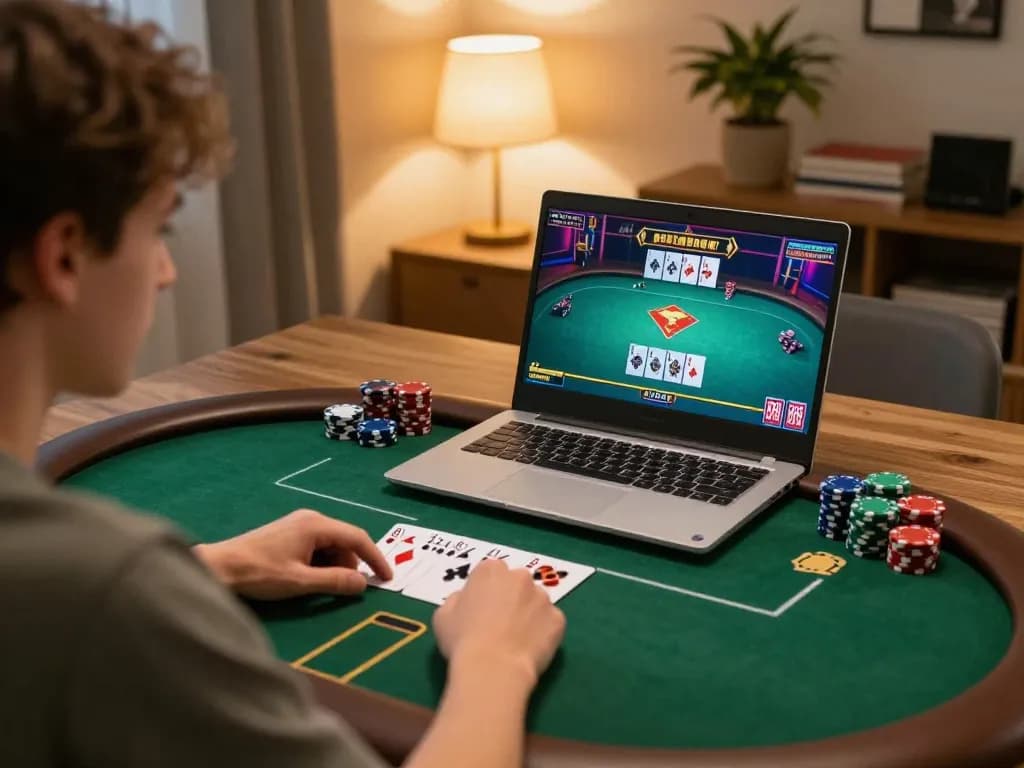WIN678 player strategizing on poker game interface in a cozy home gaming setup.