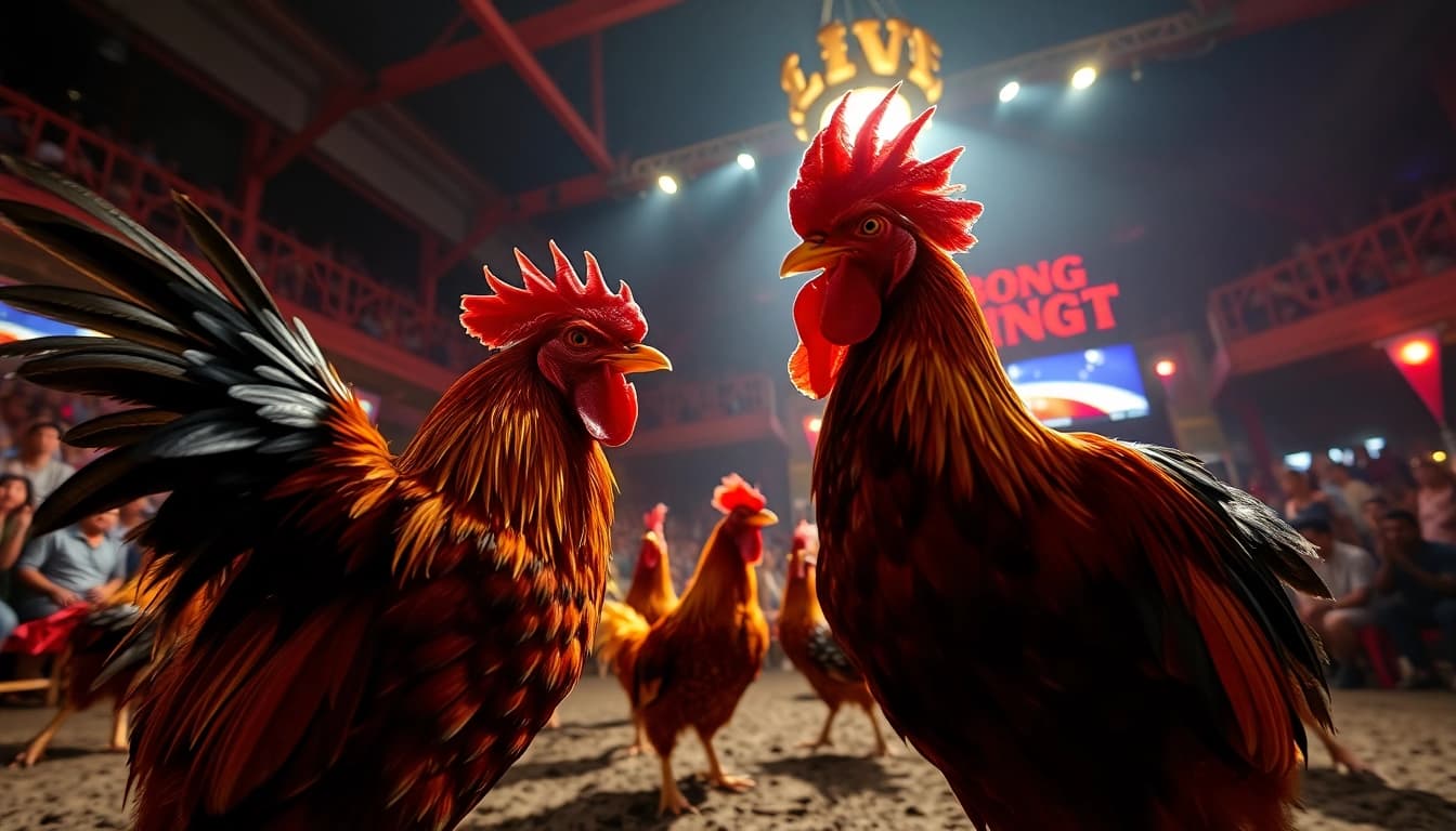 Exciting live action at Sabong 67 with competitive roosters and engaged audience.