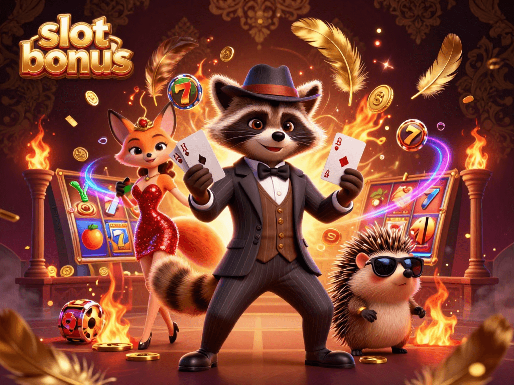 Experience the exciting slot bonus with vibrant characters and dynamic casino elements in this animated 3D illustration.