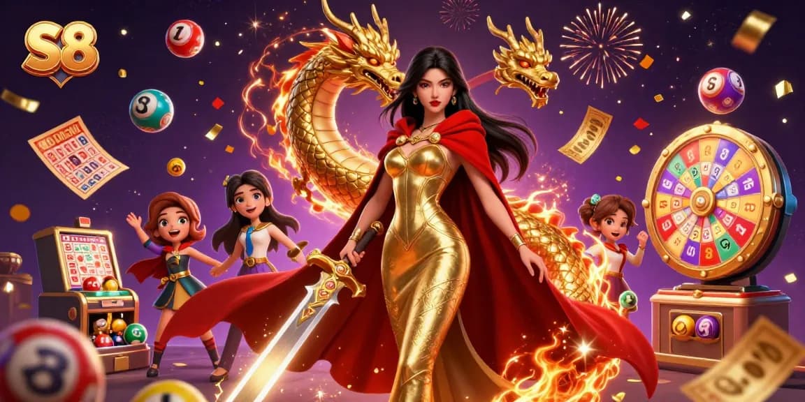Join the excitement at S8 with dynamic lottery elements and a powerful warrior queen illustration.