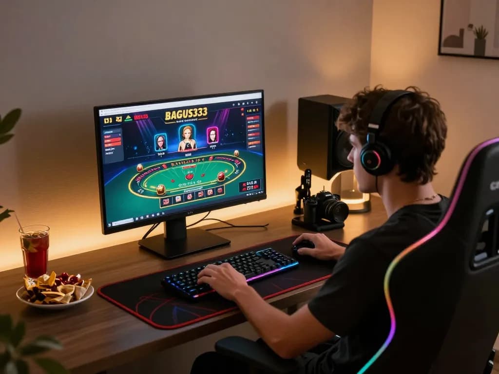 Permainan kasino online BAGUS333 sedang berlangsung di pengaturan permainan yang ramping, menampilkan pengalaman blackjack yang imersif.