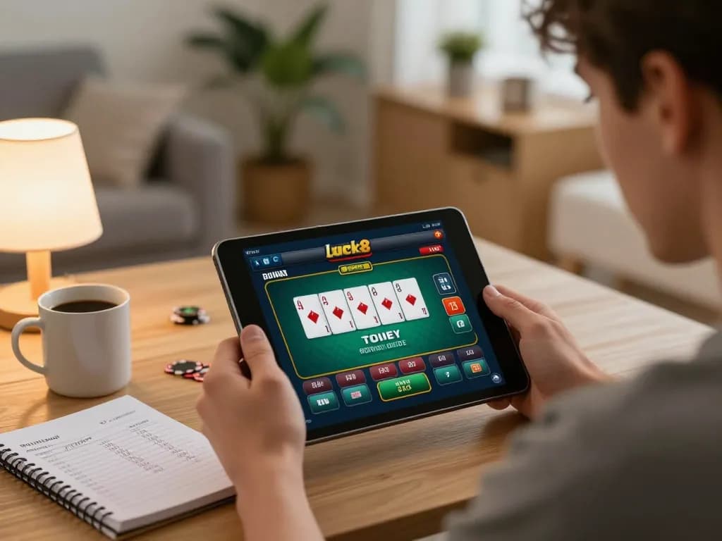 Player engaged in strategic gameplay on Luck8 online casino app in cozy home environment.