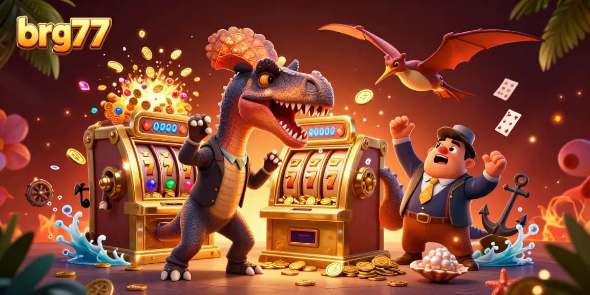 Experience the exciting brg77 jackpot coins flying from a slot machine in this dynamic casino scene.