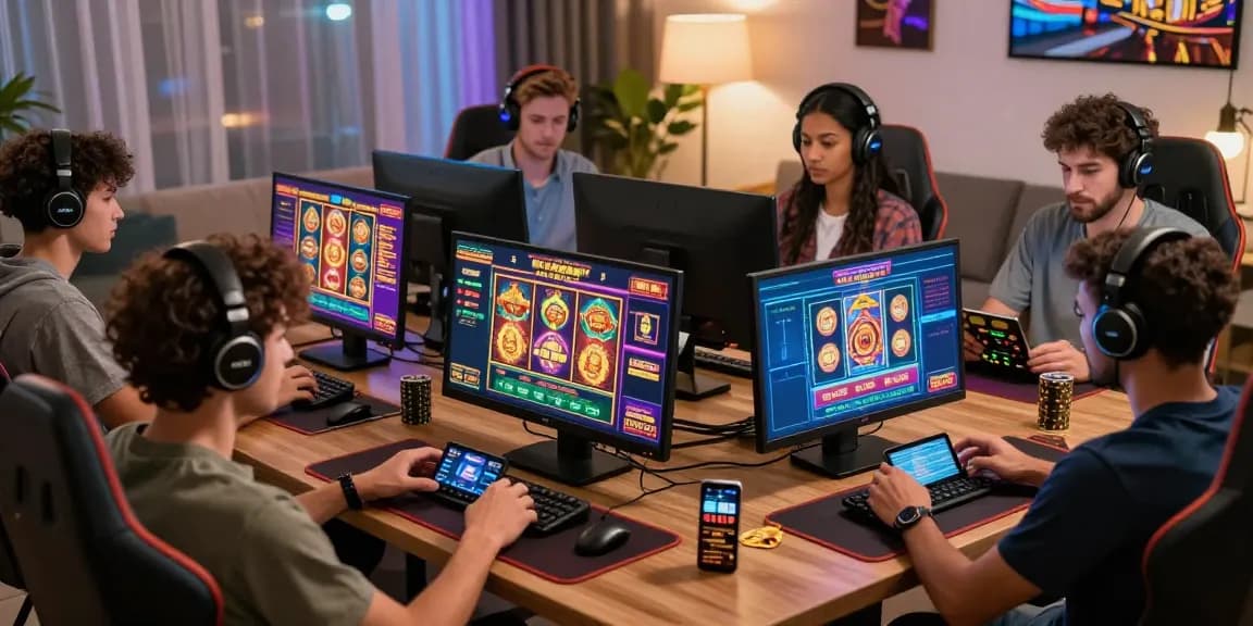 Engaged players enjoying credit card casinos on various devices in a cozy living room.