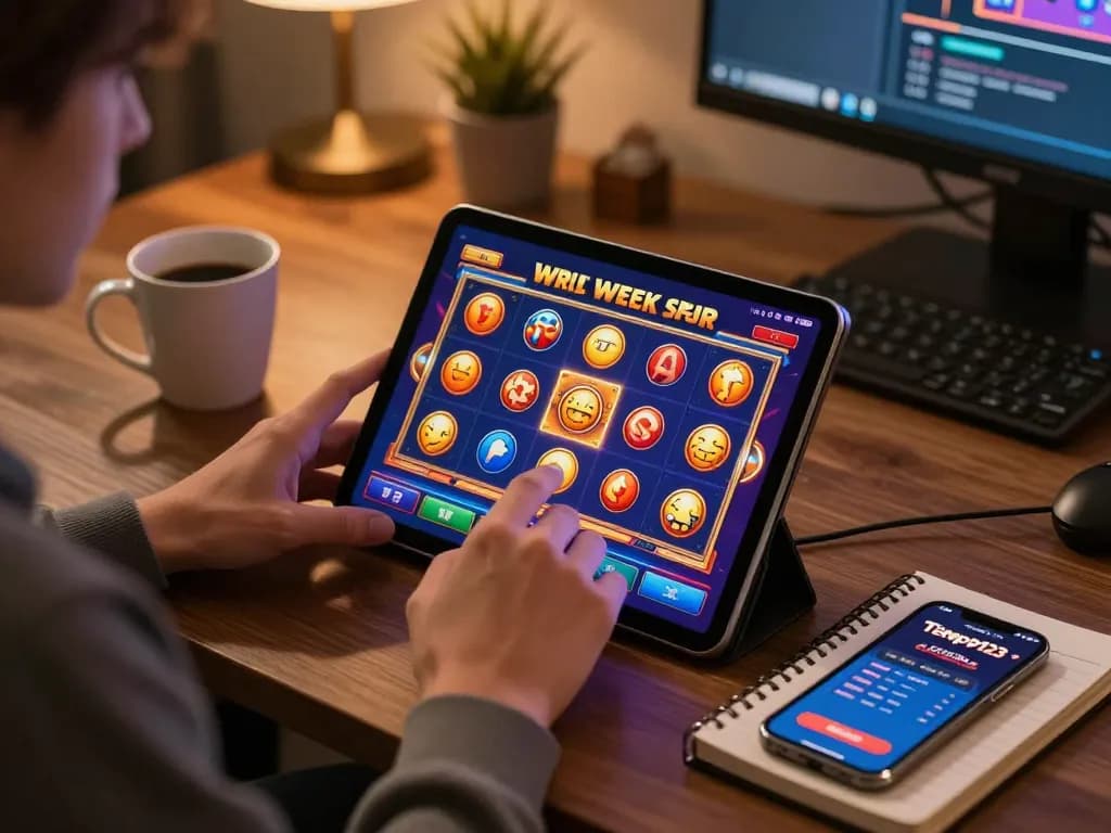 Pemain yang terlibat dengan permainan slot online Tempo123 di tablet dalam pengaturan rumah yang nyaman.