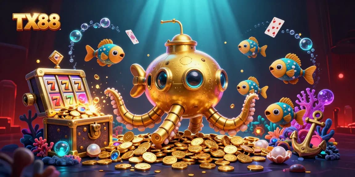 Engage in thrilling TX88 online slots with vibrant 3D underwater casino imagery and action