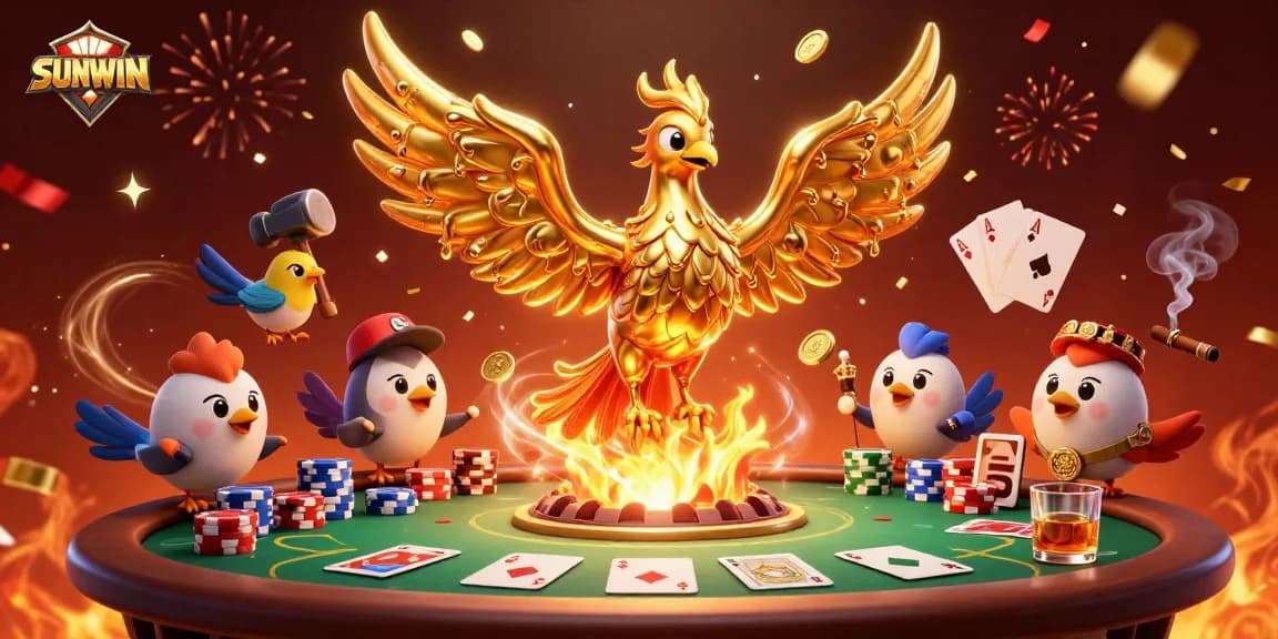 SUNWIN ignites excitement with its molten golden phoenix at a captivating poker table.