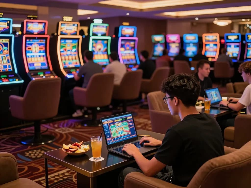 Enjoying online slots at gincal in a cozy casino lounge with vibrant atmosphere