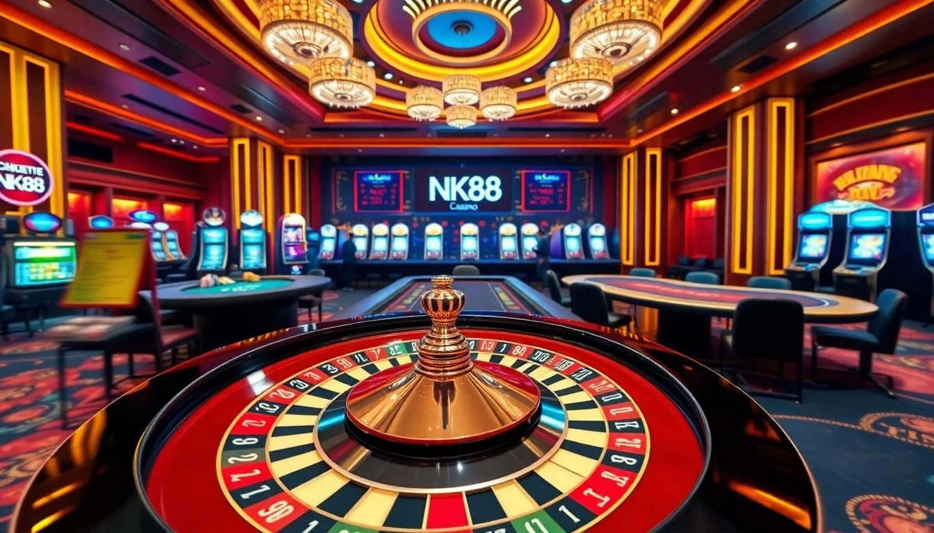 Engage in a thrilling NK88 casino experience with vibrant tables and slot machines.