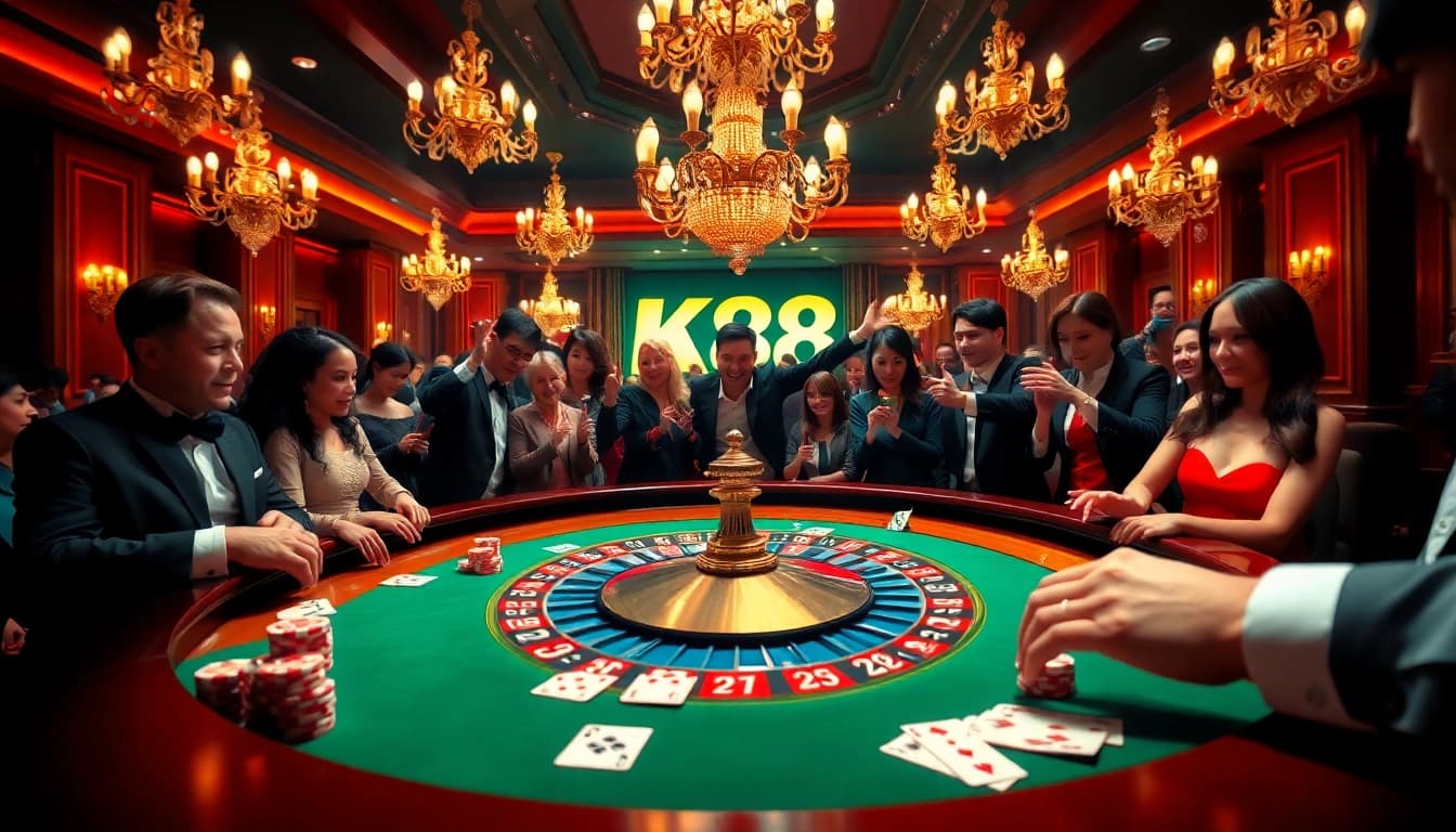 Players enjoying the K88 roulette table at an elegant casino, capturing the excitement of gambling.