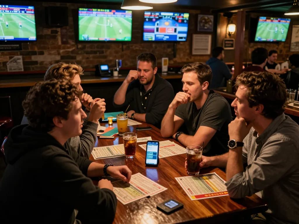 Engaging sports betting atmosphere with friends checking 11win odds on mobile while watching games