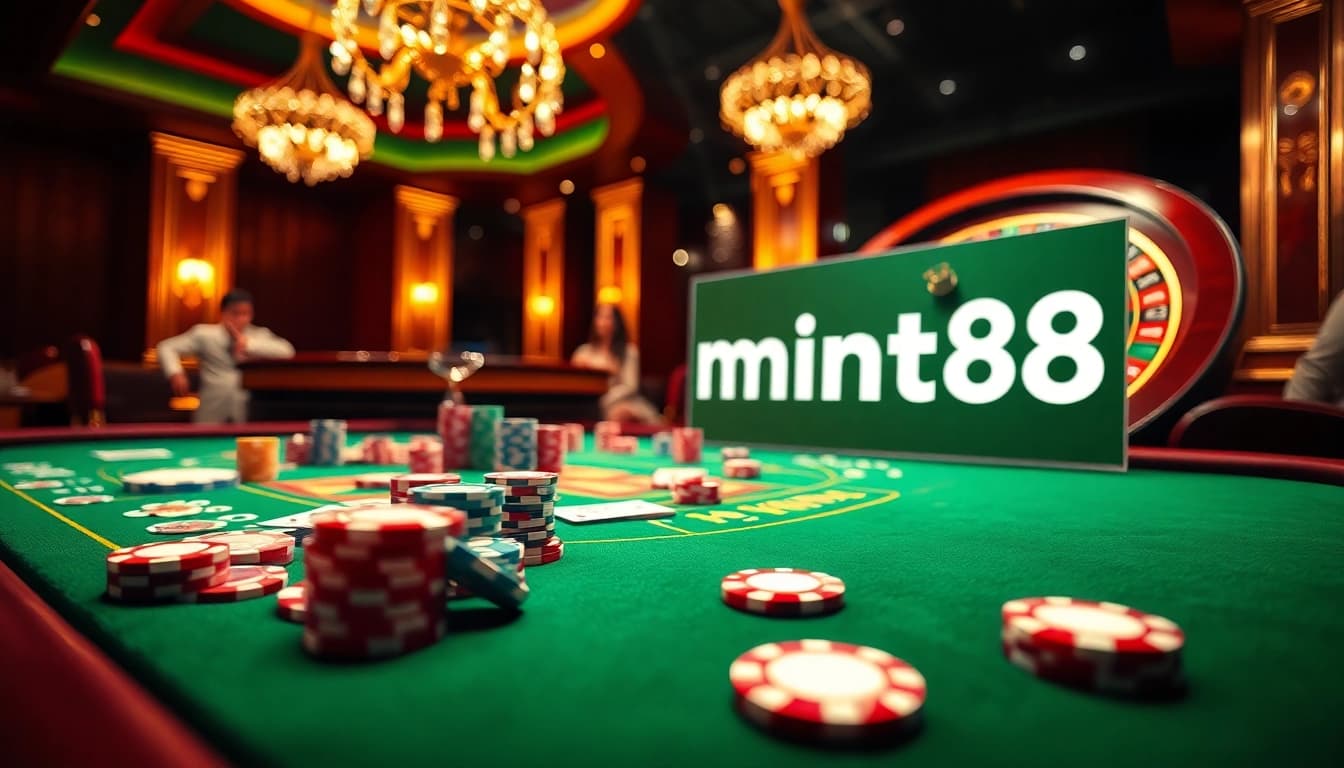 Experience mint88's thrilling casino atmosphere with poker chips and a roulette wheel.
