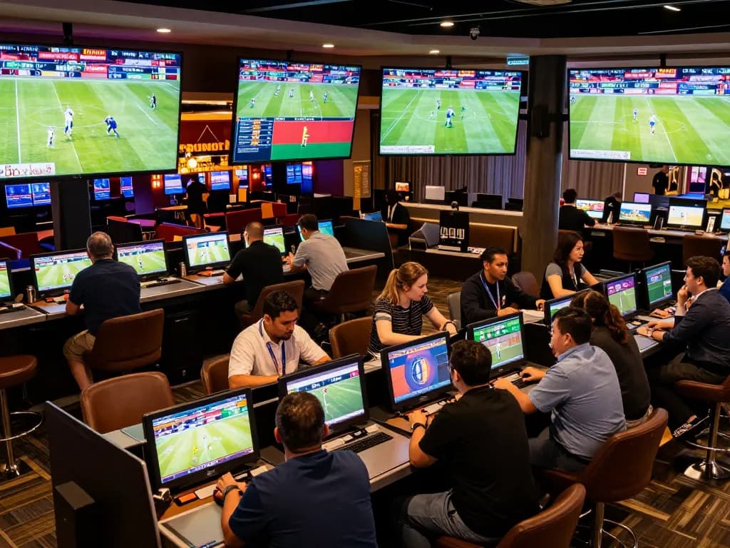 Excited bettors at an upscale sports betting venue engaging with keo nha cai to place wagers on live events.