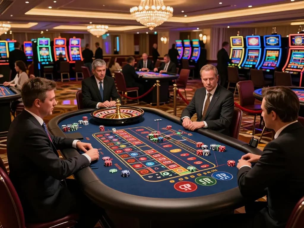 JUN88 players enjoy intense roulette action at a luxury casino, showcasing vibrant game atmosphere.