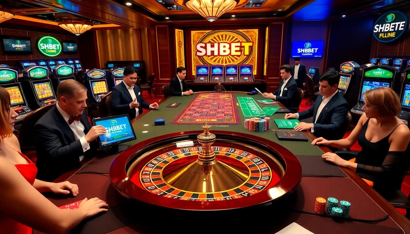 SHBET offers an exciting atmosphere with lively gamblers at a roulette table in a luxury casino.