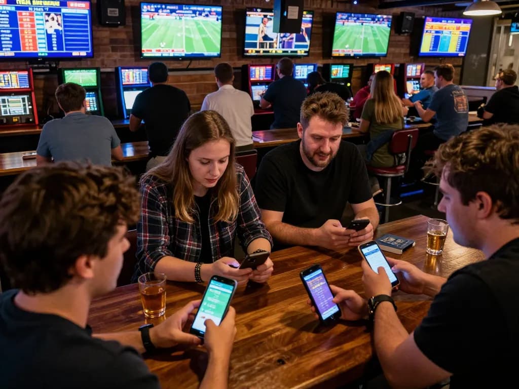 Friends engaging in sports betting at a lively bar, showcasing the nddo atmosphere of excitement and strategy.