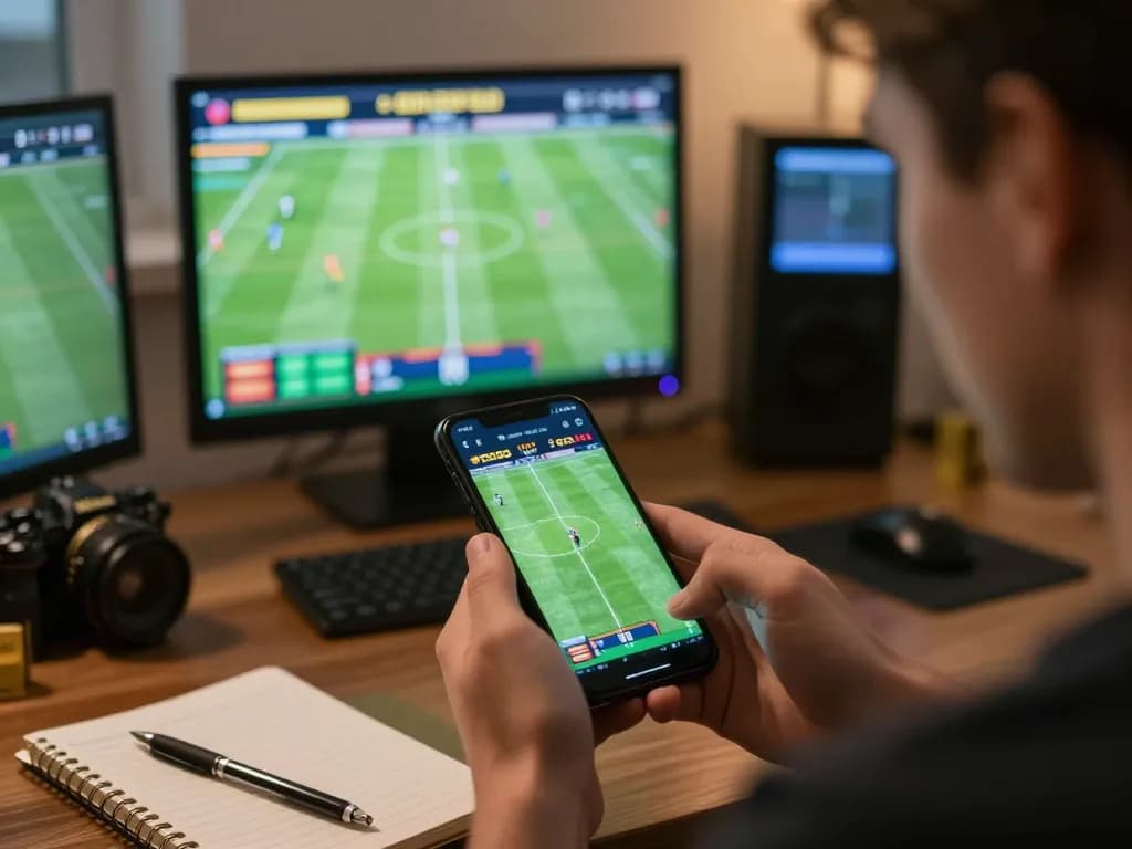 Person engages with kèo nhà cái while placing bets on a live football match using a smartphone app, highlighting strategic gaming.