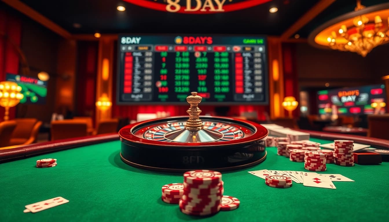 Experience thrilling gameplay at 8DAY with a vibrant casino scene featuring roulette, poker chips, and cards.