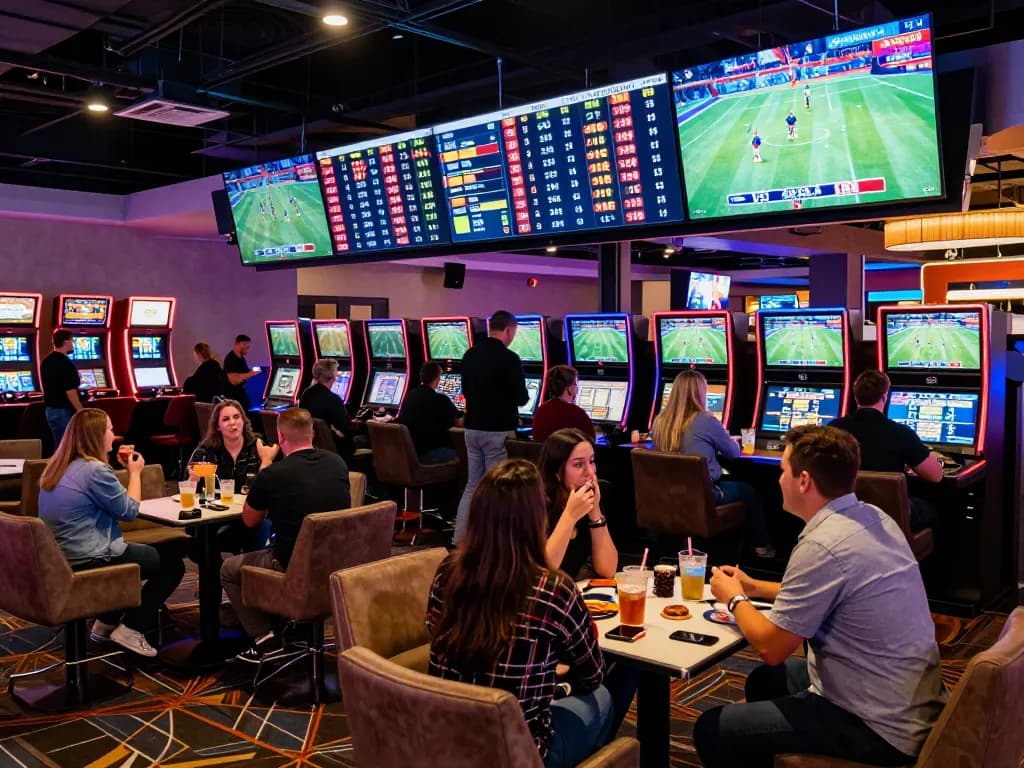 Sports fans placing bets at hitclub casino, enjoying the lively atmosphere amidst multiple screens and odds boards.