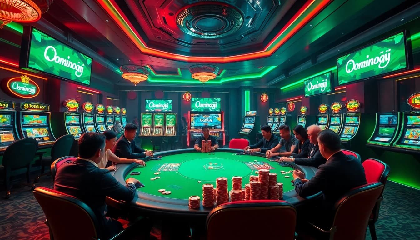 Winning strategies at Dominoqiu showcased in an exciting online poker scene with vibrant casino elements.