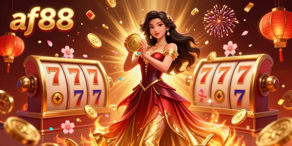 Experience thrilling wins at af88 with a glamorous Asian woman holding a golden coin amidst vibrant casino elements.