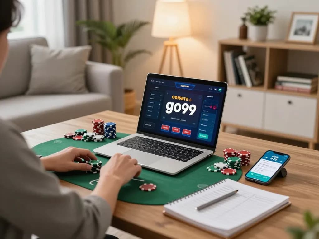 Play online poker using the go99 app in a cozy living room atmosphere with strategy notes nearby.