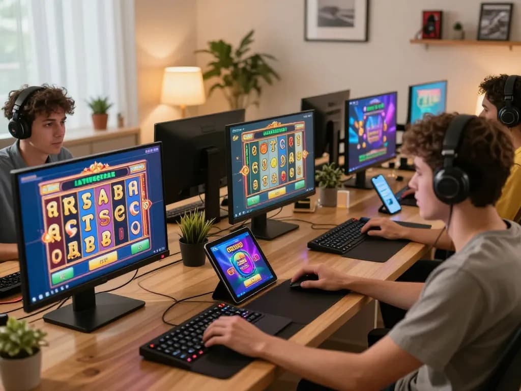 Engaged players enjoying a demo slot game session on various devices in a cozy home setting.