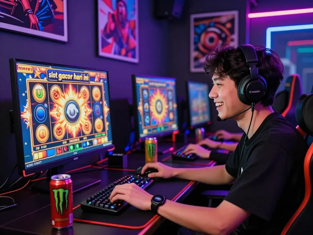 Player enjoying slot gacor hari ini at a vibrant gaming setup with colorful visuals and energy drinks.