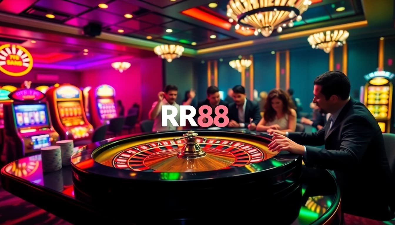Exciting casino environment at RR88 with roulette wheel, players, and vibrant ambiance.