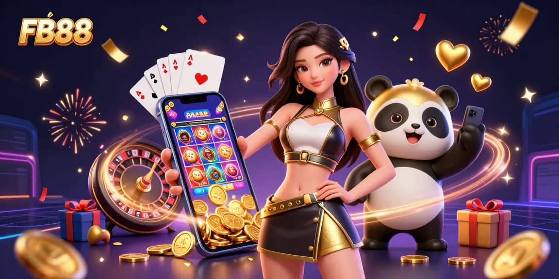Engage with thrilling slots at FB88 as an elegant woman showcases her winning smartphone game.