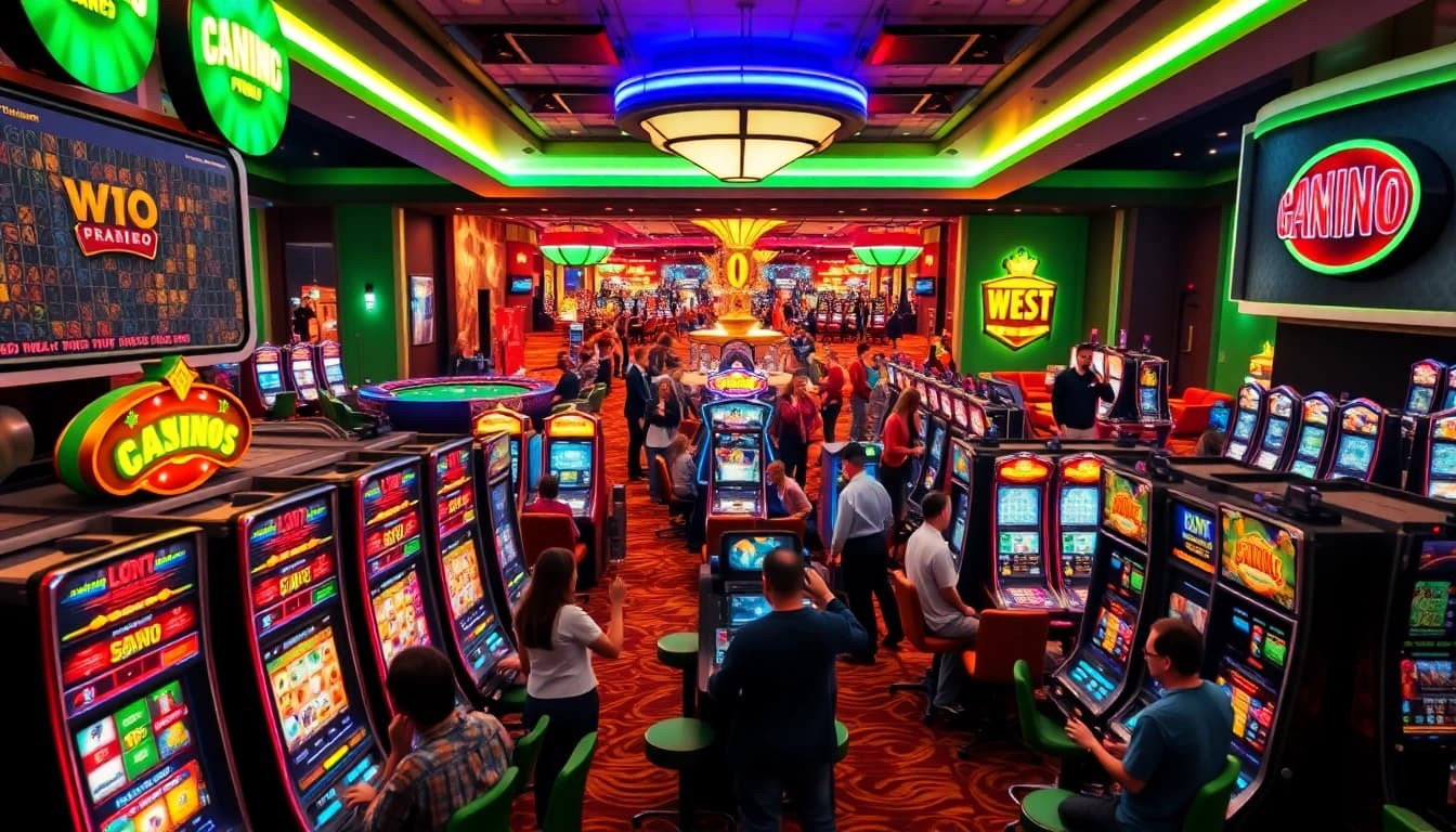 Engaging gambling forum scene with players at a casino, vibrant atmosphere, and colorful slot machines.