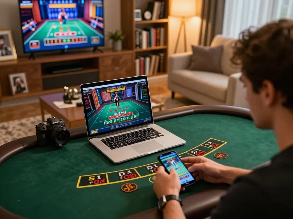 Engaging gameplay at FC88 online casino, capturing a player using a laptop for live dealer blackjack.