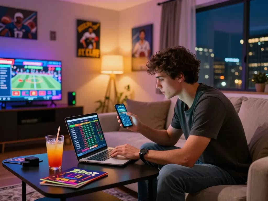 Person placing bets on zbet in a modern betting environment with sports memorabilia and a laptop.