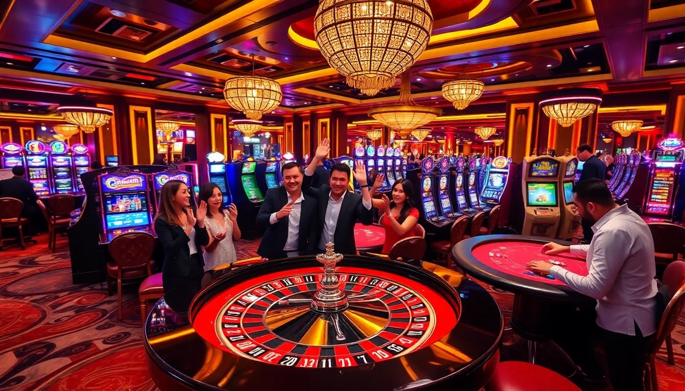 Players enjoying a thrilling casino experience at 88vn with roulette and slot machines.