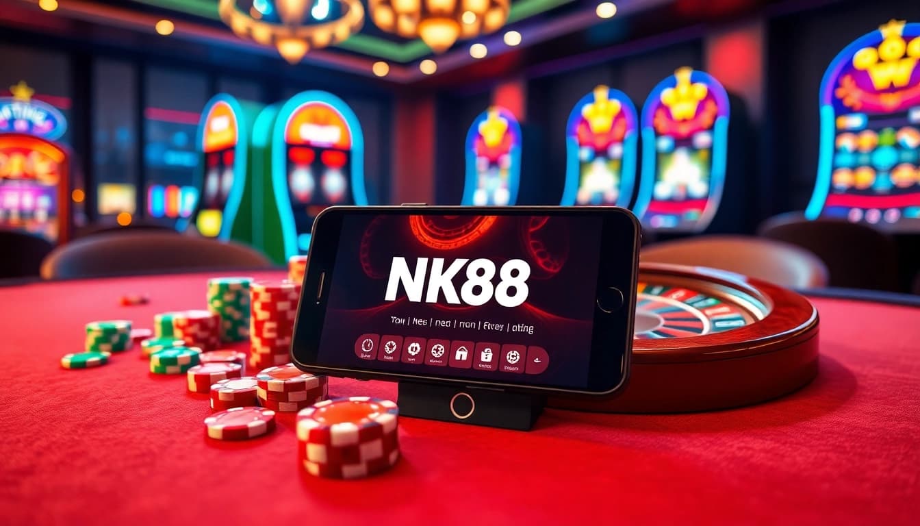 NK88 app displayed on a smartphone amidst a luxurious casino setting with poker chips and roulette wheel.