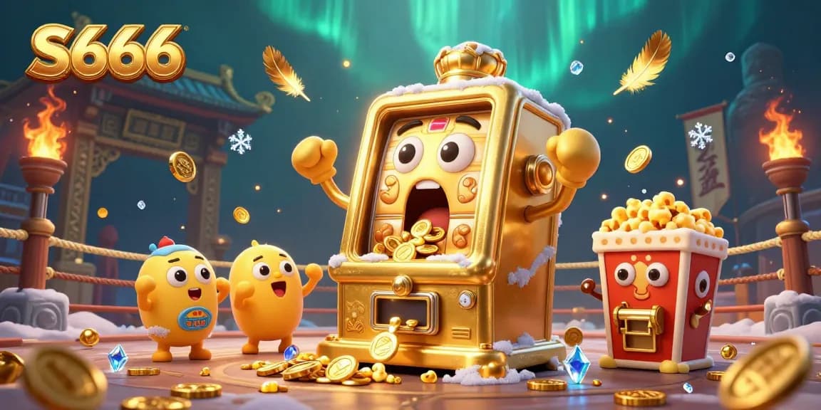 S666 captures jackpot excitement from a golden slot machine amidst cheering baby slots and dynamic casino elements.