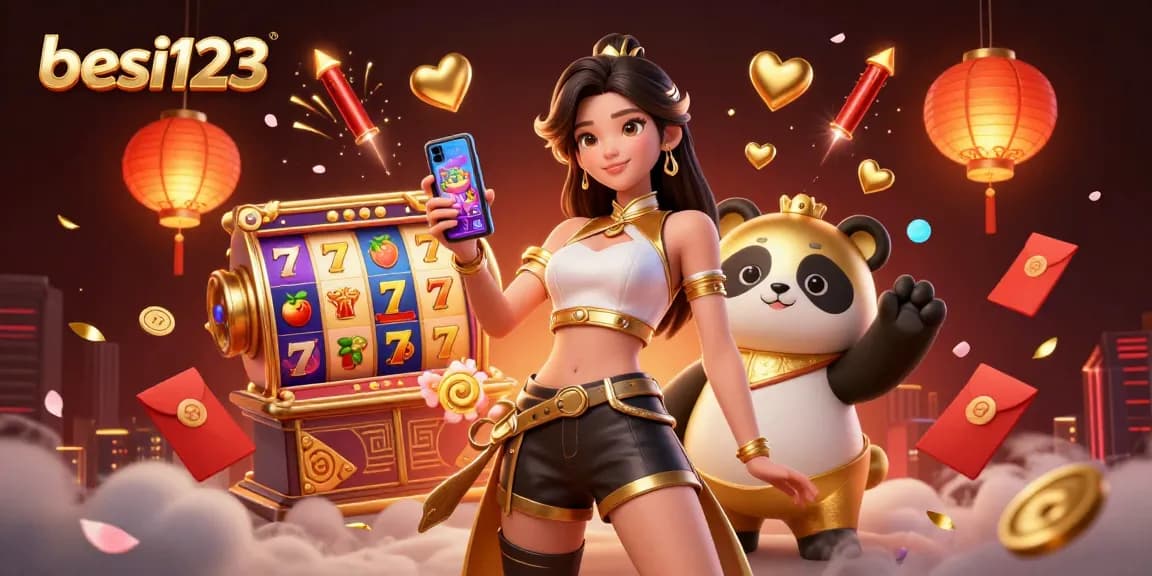Experience thrilling wins with besi123 in this vibrant online slot game illustration.