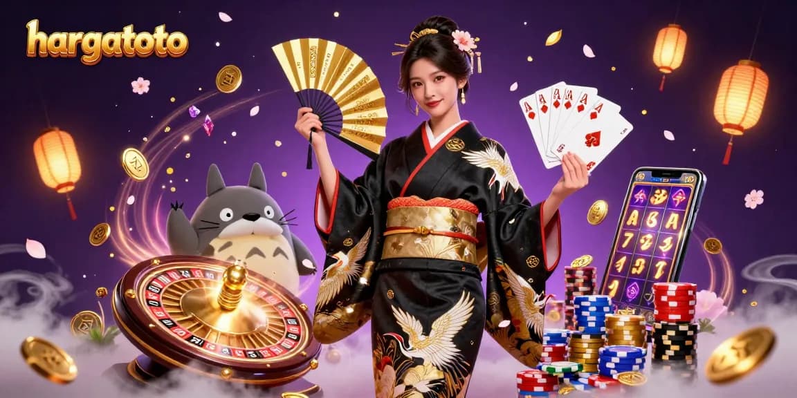 Experience thrilling gaming at hargatoto with vibrant illustrations of Asian-themed casino elements.
