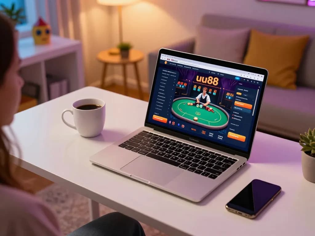 Engaging in uu88 online poker gameplay on a sleek laptop in a cozy home office.