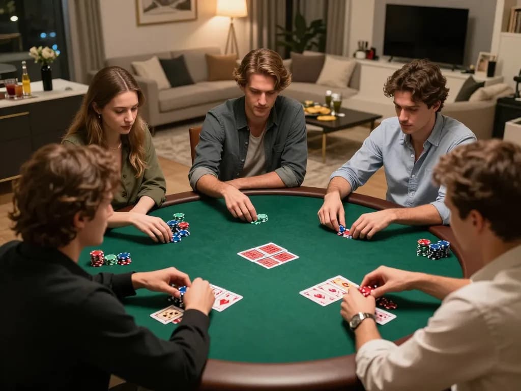 Engaged players strategizing in a home poker game scene featuring game bai elements with cards and chips.