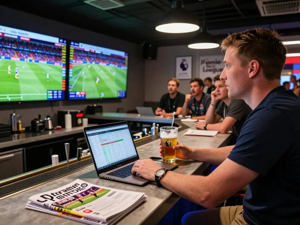Kèo bóng đá ngoại hạng anh analysis in a vibrant sports lounge with expert analyst and live match screens.